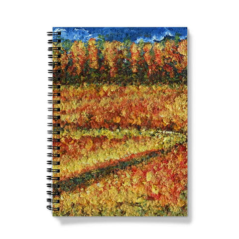 Artistic Journal, Notebook Walking Through Canada with a colourful path  meandering through a golden field with warm colours also leadiing to trees in the distance and blue sky.