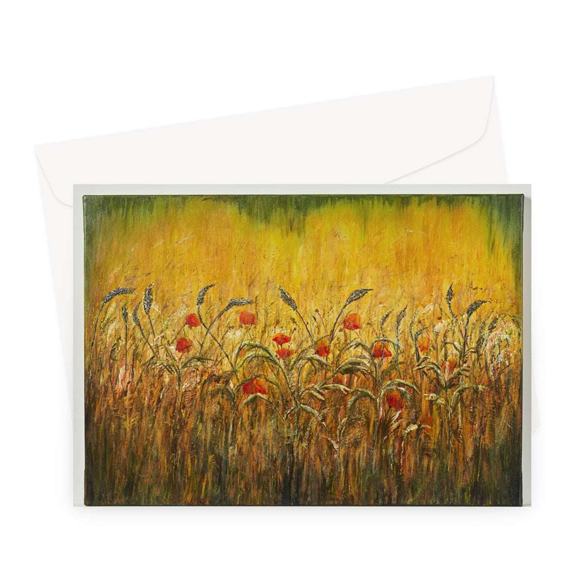 Golden Fields & Poppies Blank Greeting Card, has a golden wheatfield with lighter and darker coloured dried grasses & wild red poppies scattered at the front of the card.