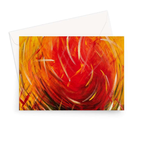 Artistic Blank Greeting Card Warm Energy has a warm red circular sun moving towards you gathering in its energy the grasses of nature surrounding it.  Yellow hues towards the outer part of the card.