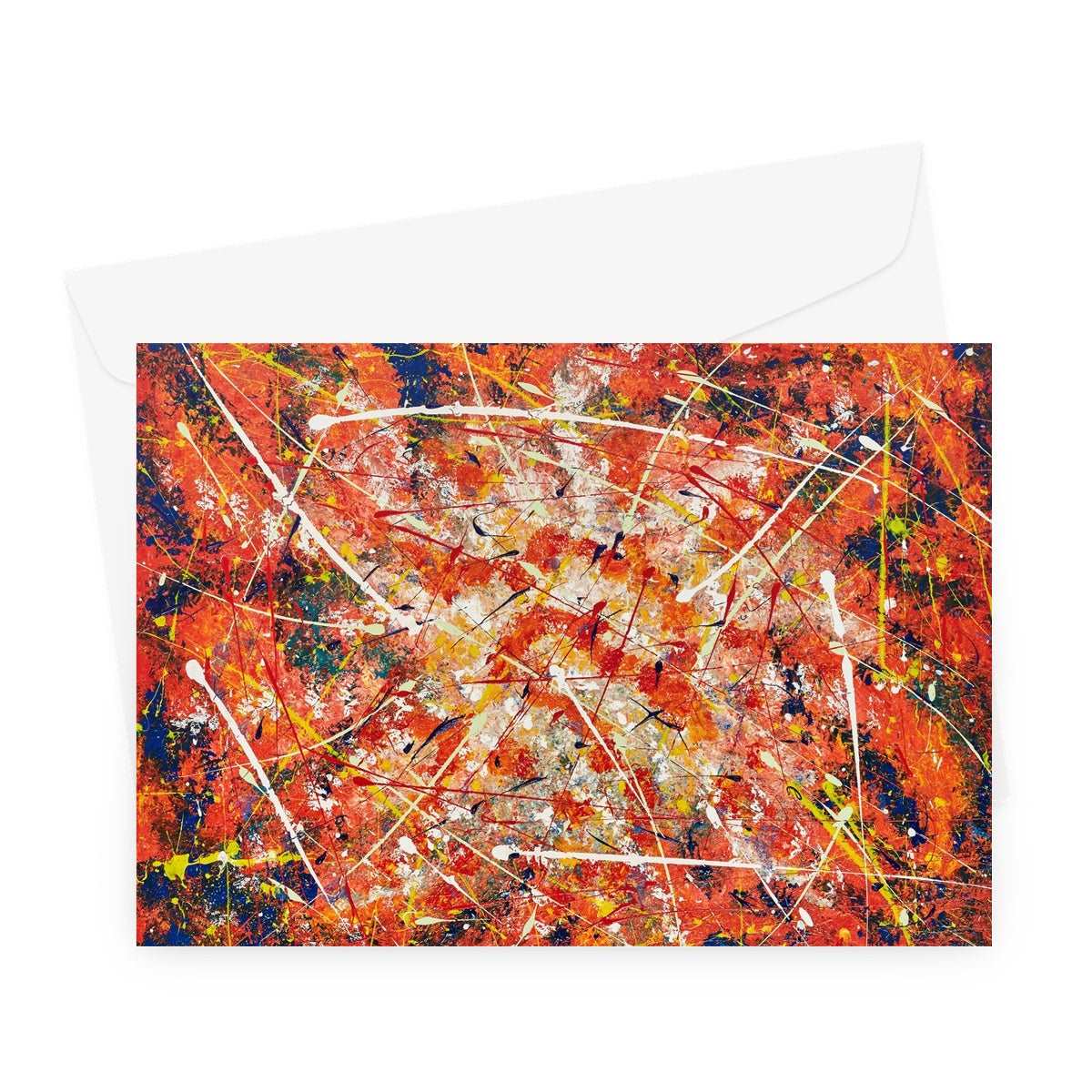 Artistic Blank Greeting Card Energy is an abstract piece of oranges, blues, splashes or yellow, golds & white colours winding releasing  energy in all directions