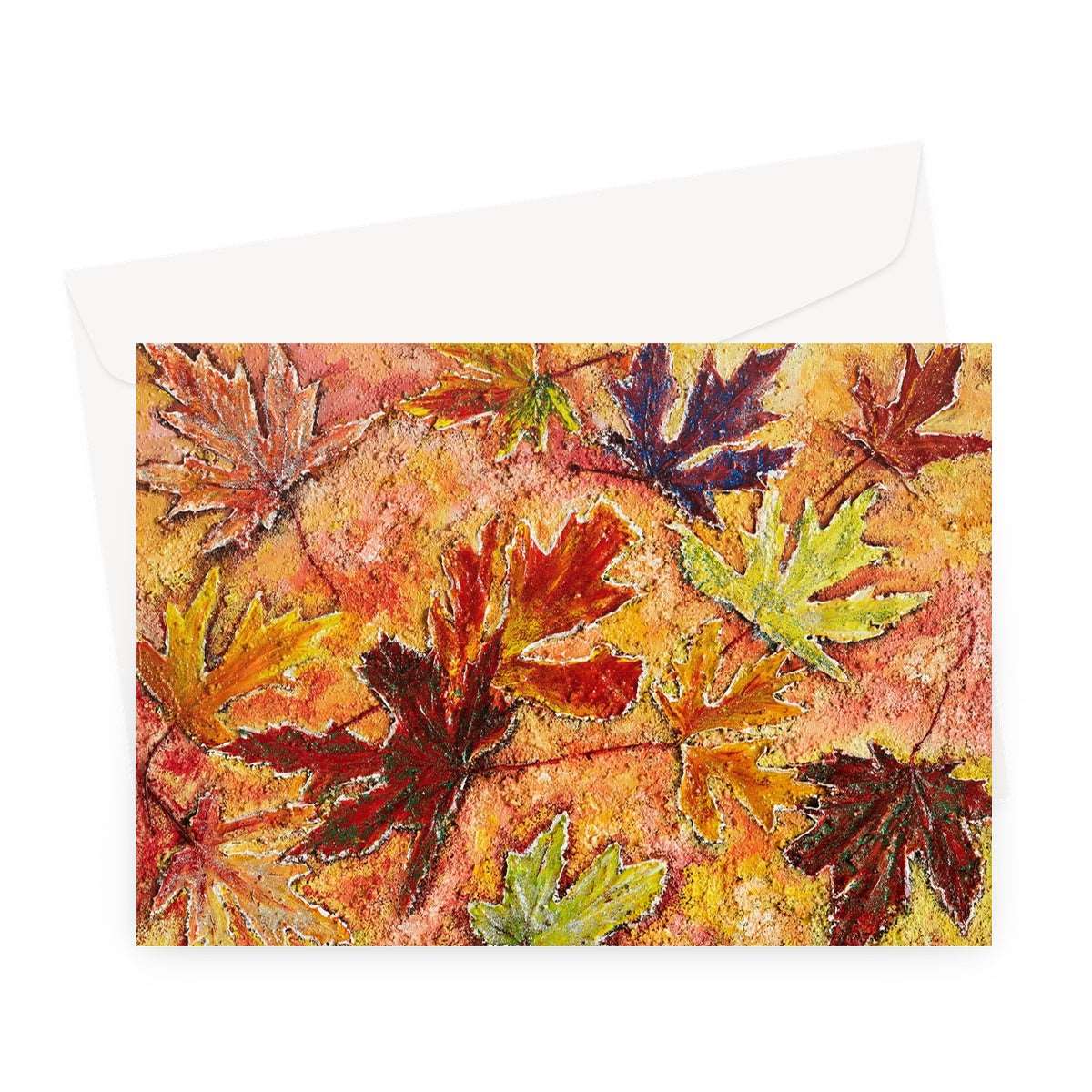 Artistic Blank Greeting Card Tutti Fruitt with all the colours of the Canadian Maple trees in the fall. Beautiful maple leaves painted with acrylics & sparkly hints