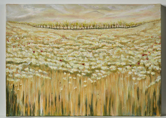 Wall Art Canvas Print Shades Of A Wild Field beautiful soft colours of pale beiges, whites & spontaneous red poppies resting in the calm. Colourful trees in the background and moving clouds in the sky