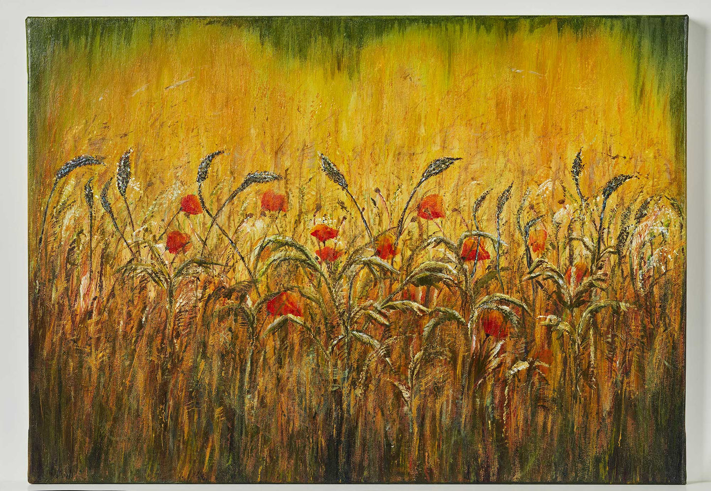 Wall Art Print on Canvas Golden Field and Poppies with golden shades red spontaneous poppies here & there, long dried grasses swaying in the breeze.  Beautiful 