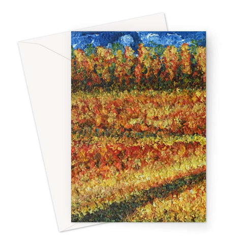 Artistic Blank Greeting Card Walking Through Canada is a colourful slightly abstract painting of summer field in Canada with a meandering pathway through to a lager forest in the distance, blue sky.