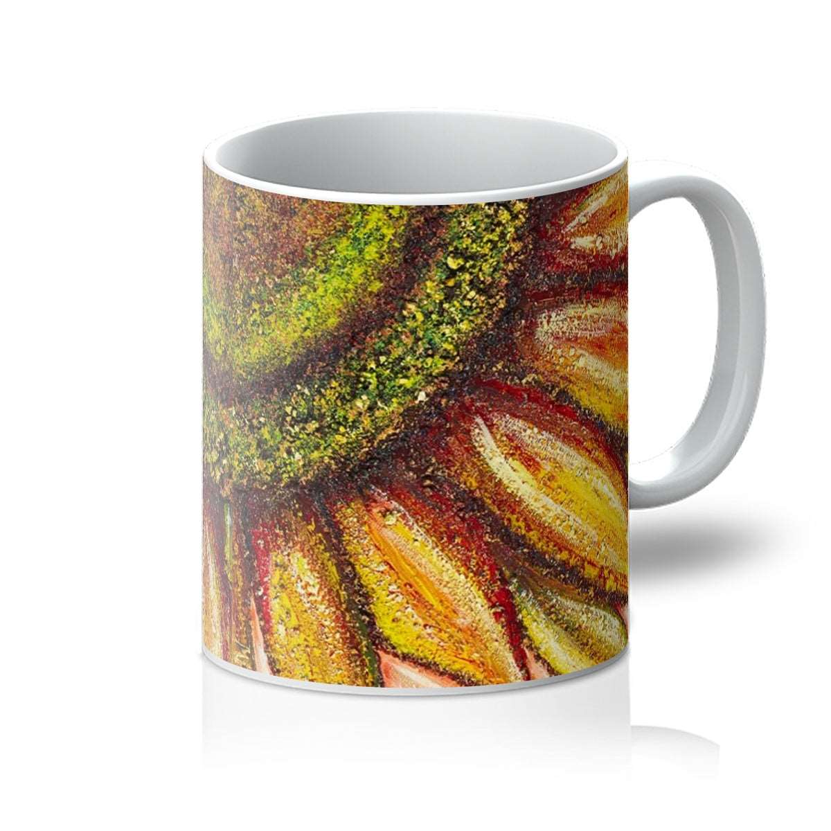 Artistic Coffee Mug Sunflower Passion in mixed vibrant colours of yellows & hints of beautiful soft lime greens, reds, burnt browns & bronze