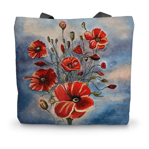 Artistic Durable Tote Bag Bouquet of Poppies of reds & open & closed poppies & leaves.  Background is slate blue with lights of soft shades of pinks giving shades of light!