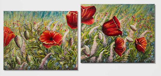 Wall Art canvas print  Diptych Poppy Love and Wildflowers, beautiful wild pink, yellow blue wild flowers poppies in a wild field with blue sky.