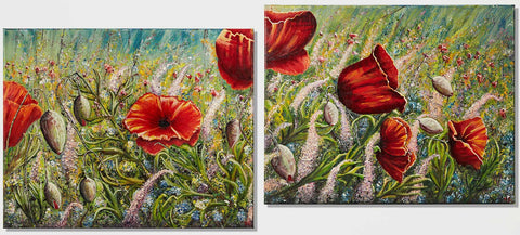 Diptych Wall Art canvas print Poppy Love and Wildflowers, beautiful delicate colours of wild pinks, pale yellows, blue wildflowers & soft  red poppies in the distance.  Larger bold poppies in the foreground.