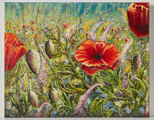 Wall Art canvas print Poppy Love and Wild Flowers, beautiful wild pink, yellow blue  wild flowers poppies    in a wild field with blue sky.