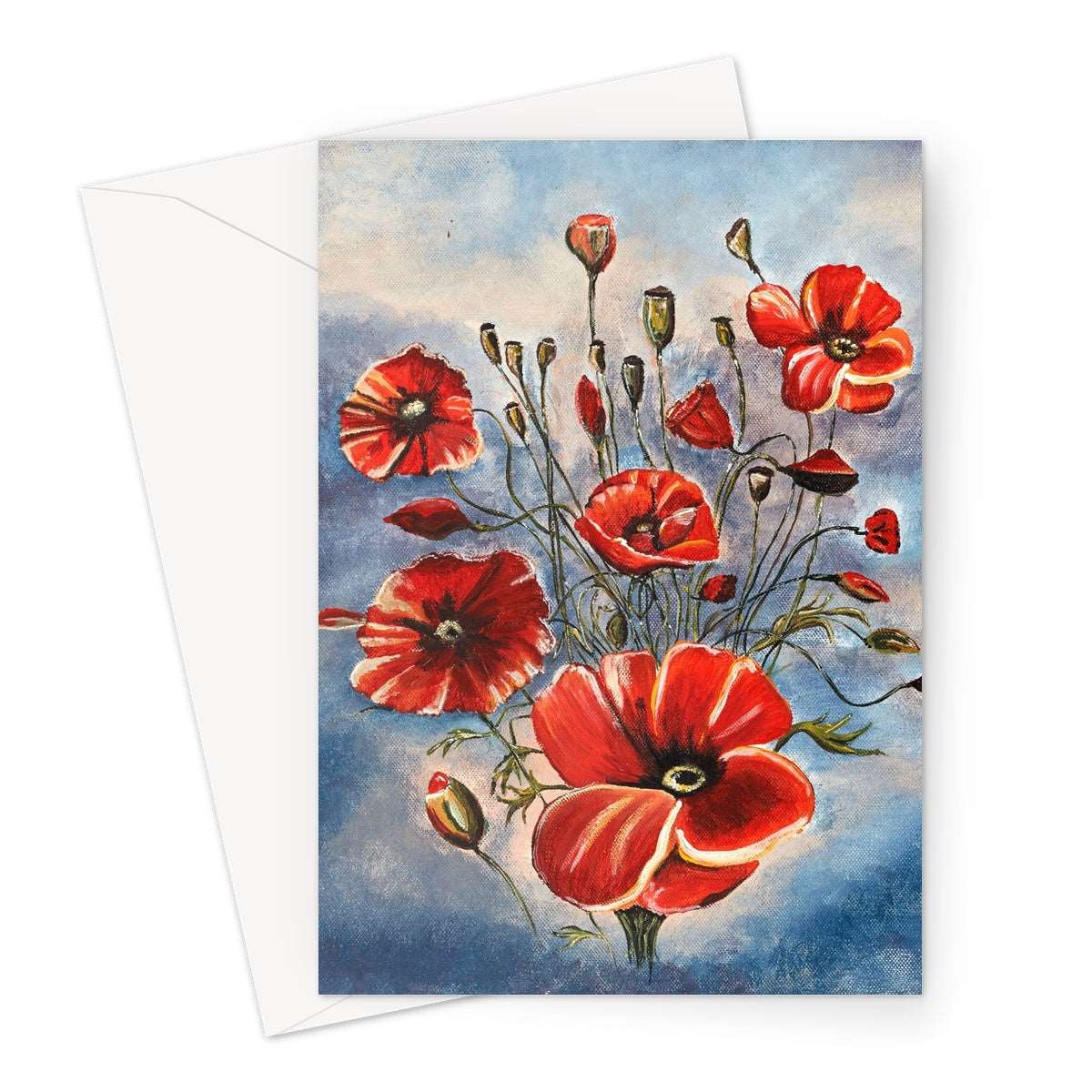 Artistic Blank Greeting Card Bouquet of Poppies is an illustration of beautiful red poppies free and lots of new heads just starting to open with four large red ones