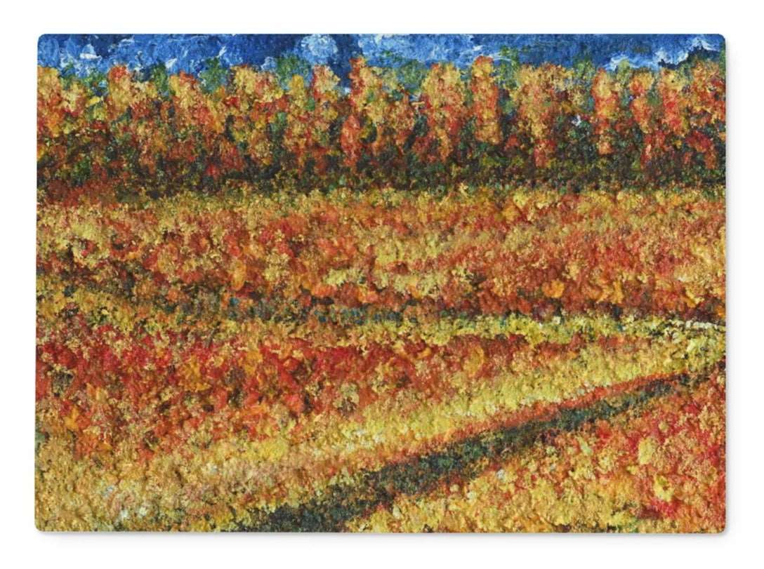  Rectangular Artistic Glass Cutting Board walking Through Canada An impressionist creation of colours and a meandering path through a Canadian field & trees in the background in autumn