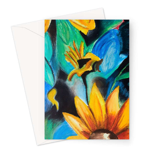 Artistic Abstract Sunflower Blank Greeting Card  is a colourful abstract look at a yellow sunflower and the colours of emerald green, turquoise blues & blacks.  Bright & beautiful.