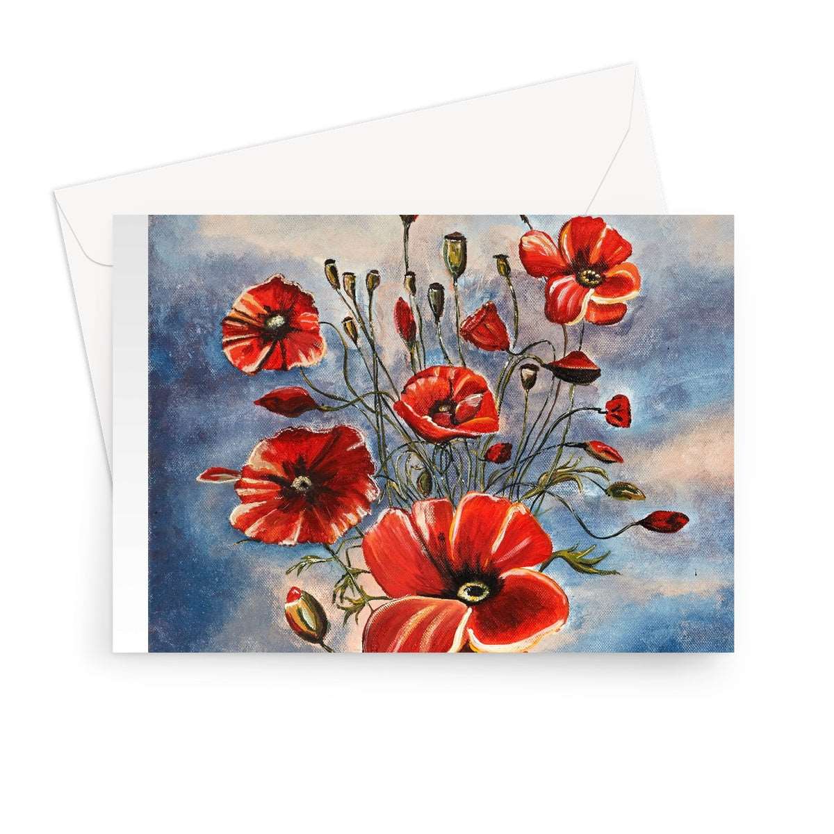 Artistic Blank Greeting Card Bouquet of Poppies is an illustration of beautiful red poppies free and lots of new heads just starting to open with four large red ones