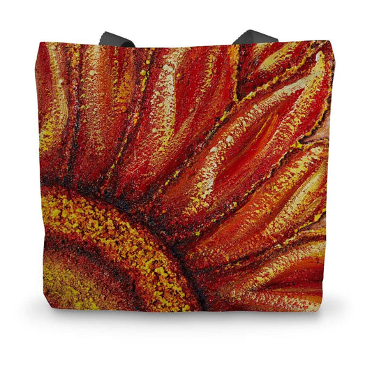 Artistic Durable Tote Bag Sunflower Passion has the centre of the sunflower in one corner of the bag & the red & golden orange petals reaching across the bag. The centre is a beautiful red & golden colour!