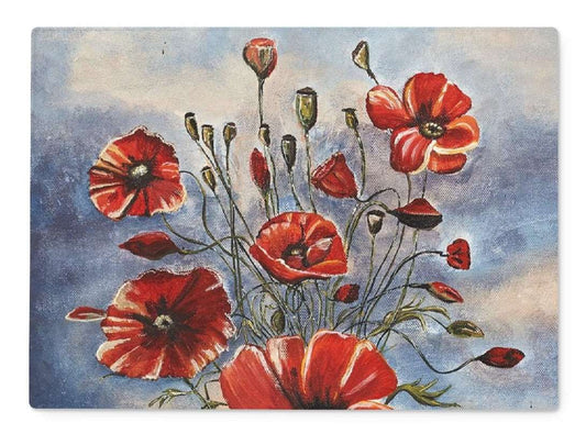 Artistic Glass Cutting Board Bouquet of Poppies has a red poppy bouquet with flowing stems against a slate blue & soft pink tones here   & there.  Some poppies closed