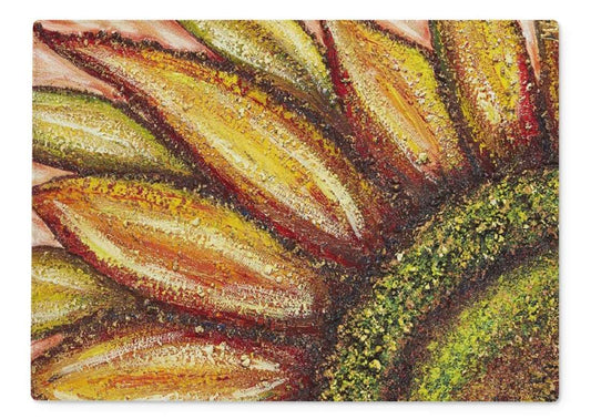 Beautiful artistic glass cutting board Sunflower passion made from tempered glass, our chopping boards are highly durable, heat resistant, scratch proof and offer crystal-clear clarity Unique designs from artist Michelle Roberts Bring beauty and function to your kitchen while creating your meals with colour