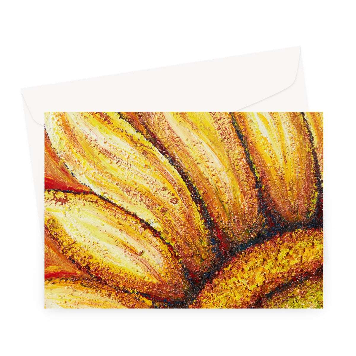 Artistic Blank Greeting Card Sunflower Passion is an image of the painting of the yellow sunflower with a beautiful emerald and gold centre.