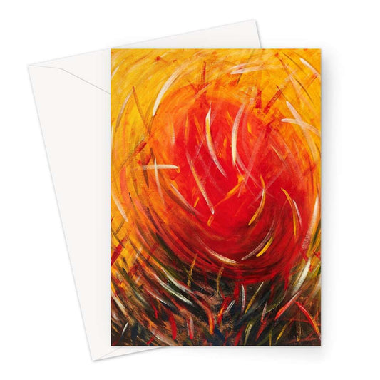 Artistic Blank Greeting Card Warm Energy has a warm red circular sun moving towards you gathering in its energy the grasses of nature surrounding it.  Yellow hues towards the outer part of the card.