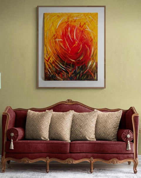 Original Wall Art Warm Energy 100 x 80 cm painting of a large swirling sun radiating heat with grasses and energy swirling round throughout the painting. Darker at the base reaching to a yellow background.  Mounted on a beige wall with a sofa underneath in a wooden frame