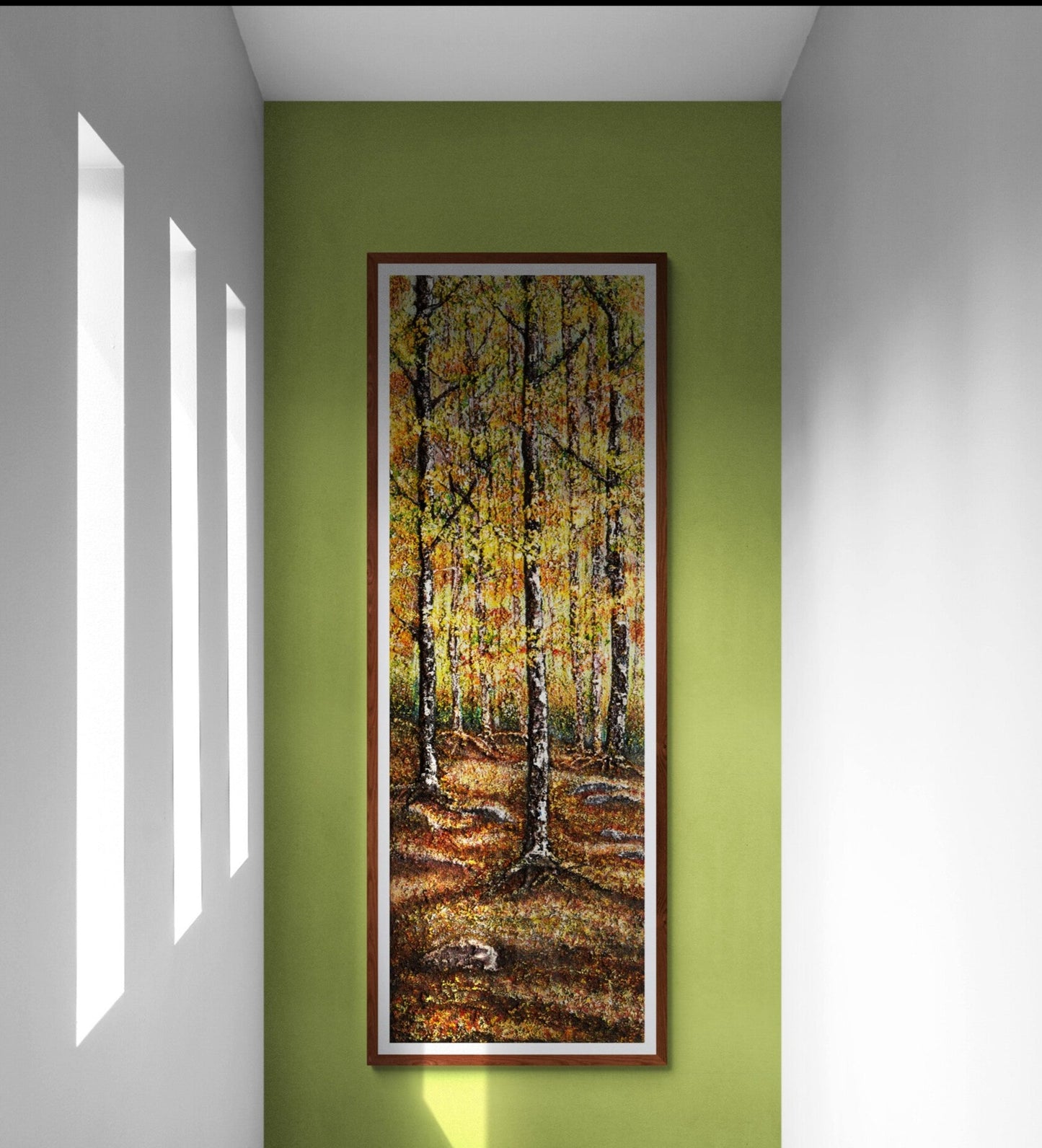 Original Canvas Wall art forest of gold.  canvas 120 x 040 cm  golden leafed trees with auburn & bronze colours also, in a Canadian forest. Light shining through the tall trees.  The ground undulating with some rocks here & there with a ray of colours from the fallen leaves of autumn.  painting is mounted onto a sage green wall with white walls either side