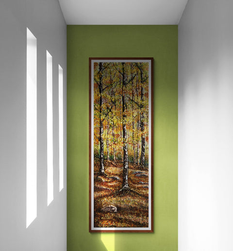 Wall Art Canvas Print Forest of Gold 120 x 040 cm golden leafed trees with auburn & bronze colours also, in a Canadian forest. Light shining through the tall trees. The ground undulating with some rocks here & there with a ray of colours from the fallen leaves of autumn