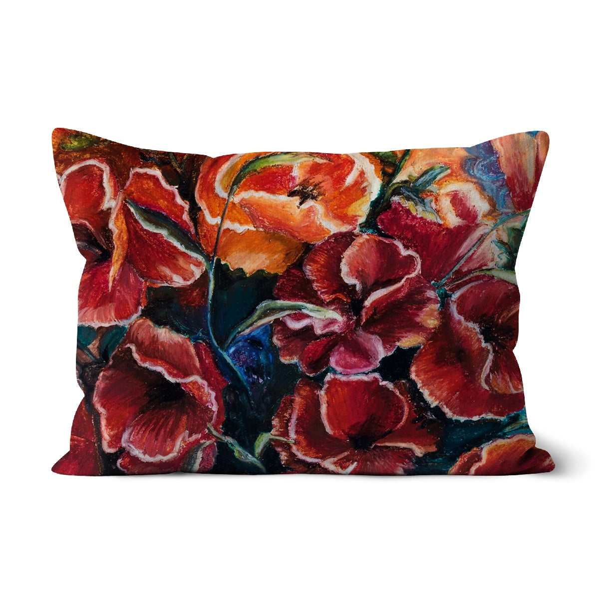 Poppy Love Throw Pillow with Art beautiful design of red and slightly varied red/orange coloured poppy heads with deep blues & green to give depth between them.  Unique  special design