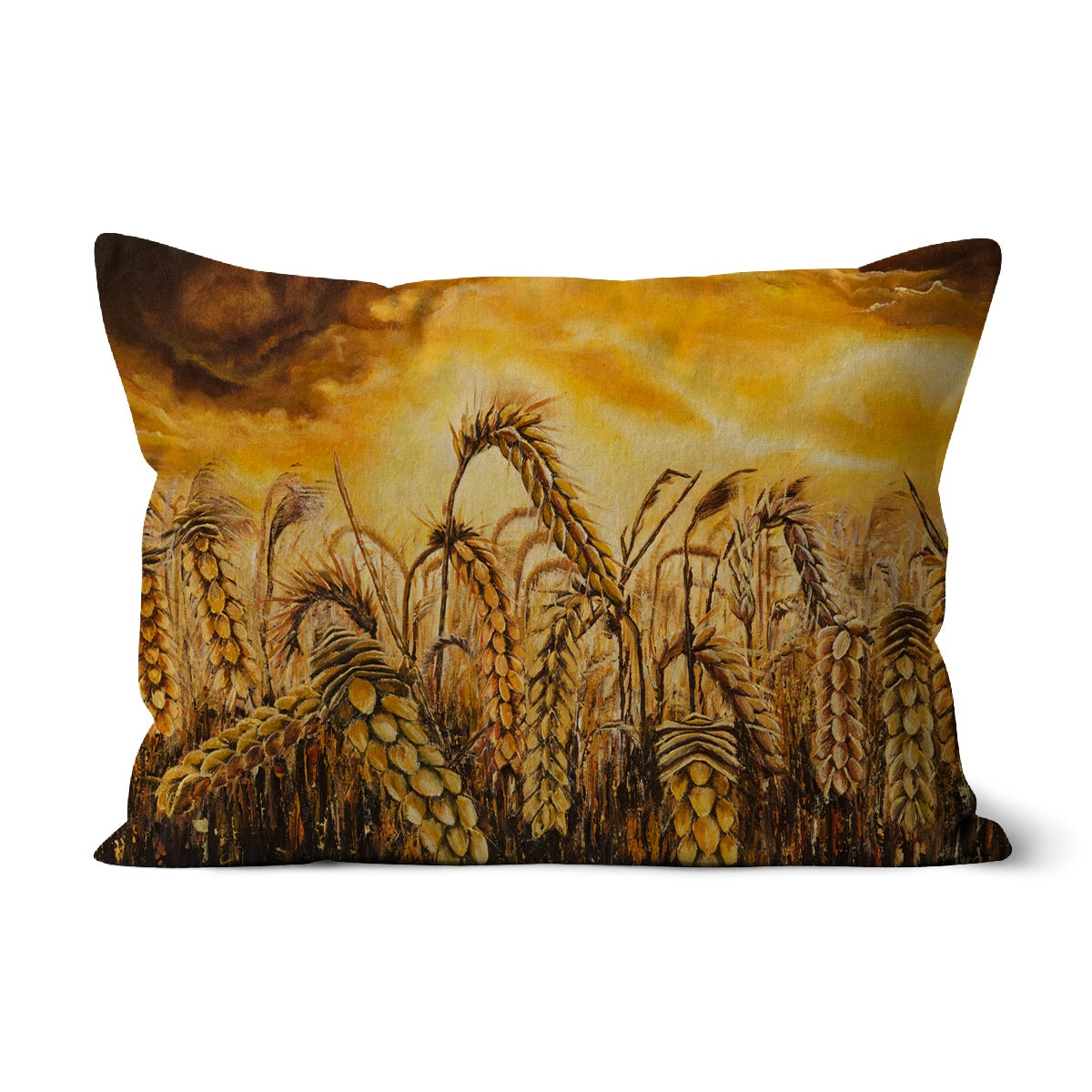 Golden Fields & Poppies Throw Pillows with art of golden warm colours and lighter dried grasses of natural colours and small red poppies. Wild field on a cushion, delightful design