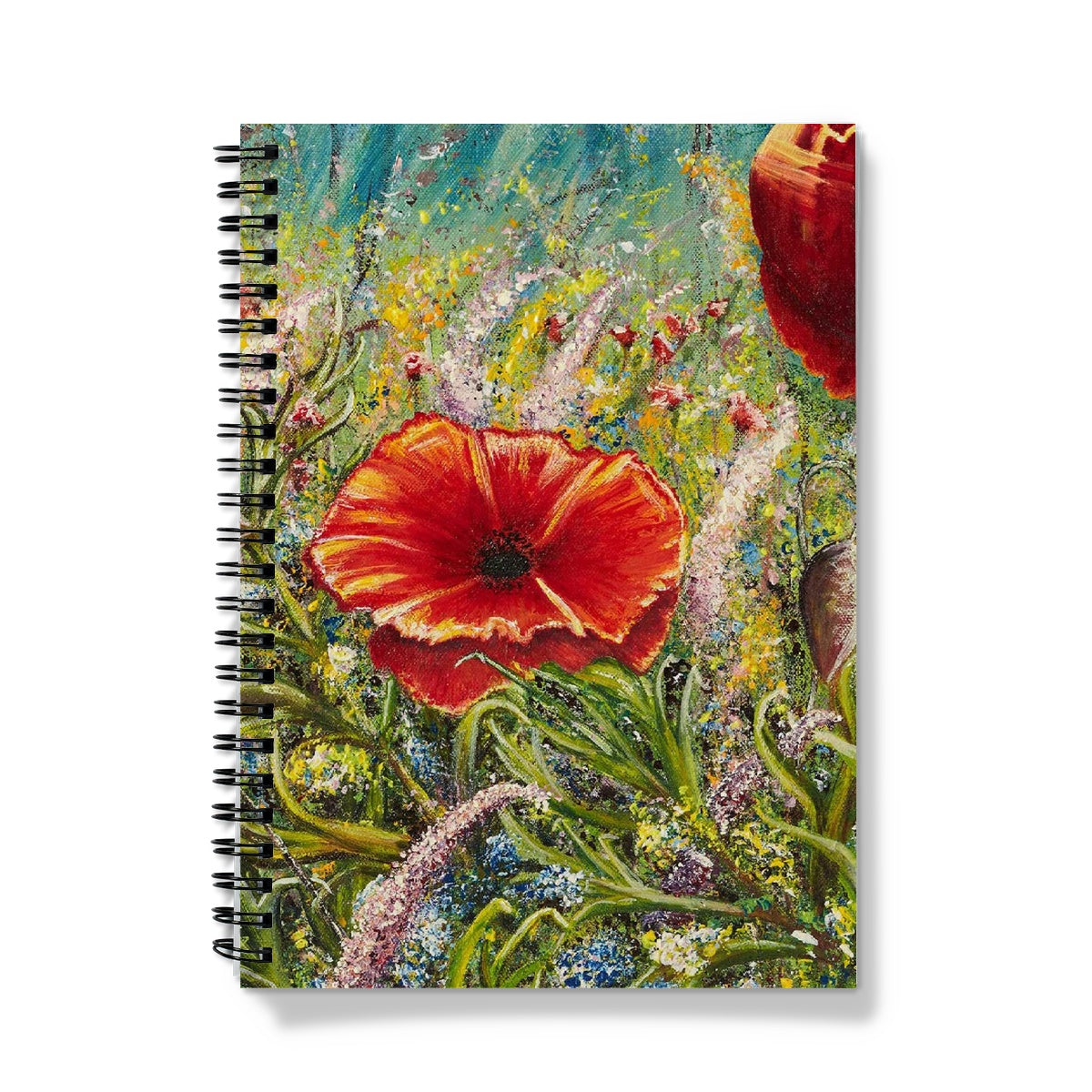 Poppy Love Journal Notebook with an beautiful array of wild flowers in all soft shades of colours and red poppies dancing in mix