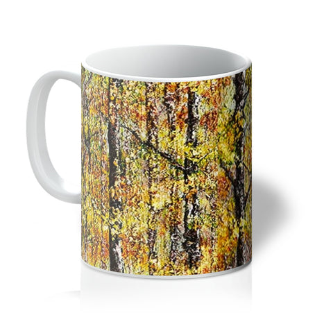 Artistic Coffee Mug Forest of Gold with colours of golds to auburns and rustic branches, beautiful design