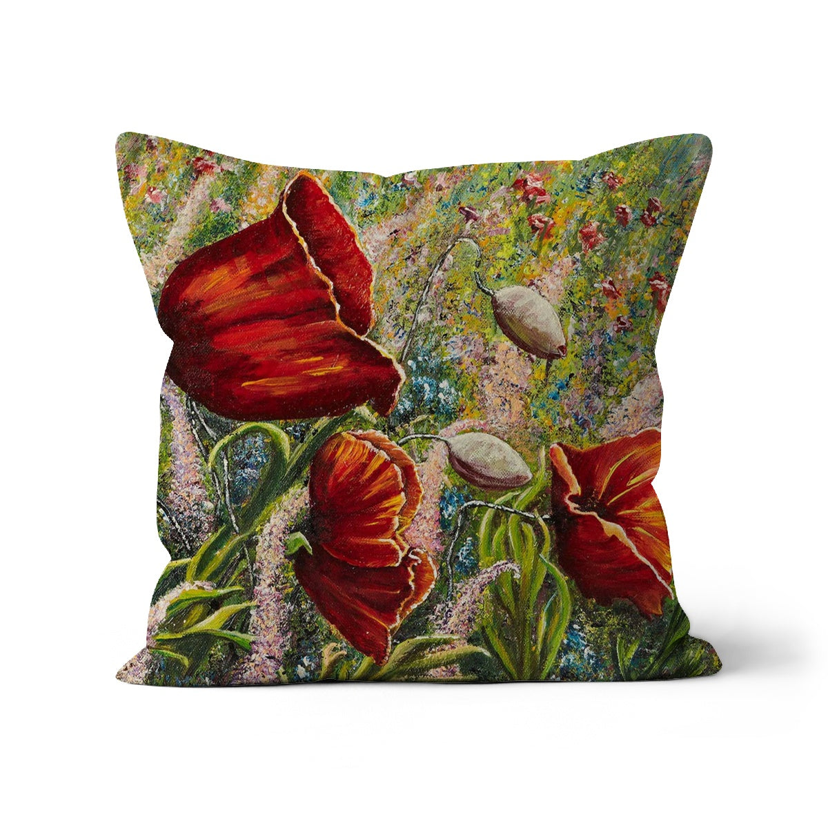 Poppy Love Throw Pillows with a beautiful design of a fusion of colours of flowers in wild fields and red poppies towards the foreground.  A unique design and an original!