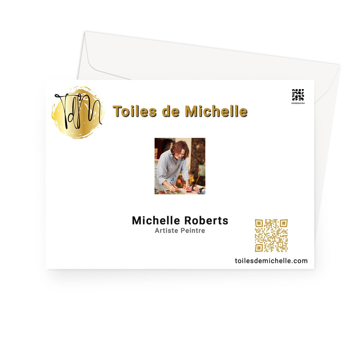 logo QR code & a photo of  Michelle Roberts painting