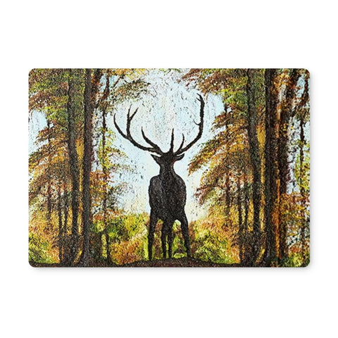 Artistic Proud Stag Placemat, wonderful image of a stag silhouetted by the autumnal trees of the forest, great colours of golds & auburn & some greens on the foliag