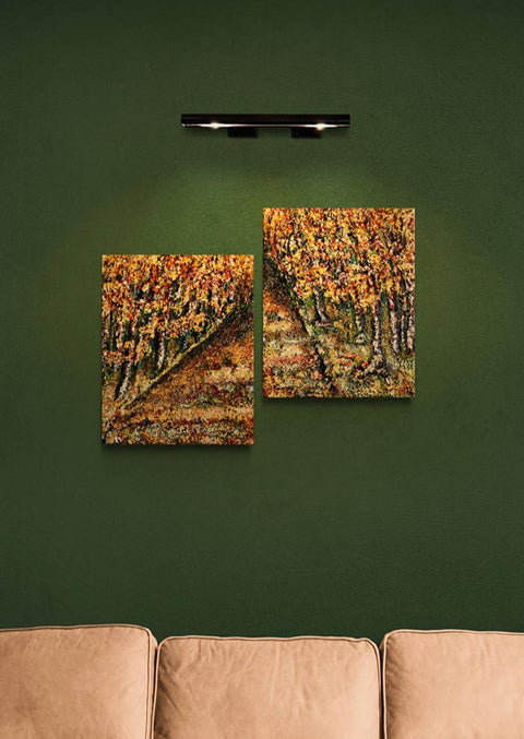 Original Canvas Wall Art Memory Lane A two piece of art of a pathway with trees from a forest either side of the path. This piece has an old style look with colours that marry together beautifully: burnt red's greens, golds, oranges, but none of these colours are vibrant. They are all washed in a golds . This two piece can be hung on the wall to make the pathway seem longer, and turn in the distance.