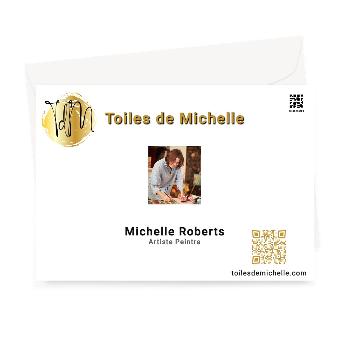 Logo, QR code and a photograph of Michelle Roberts painting