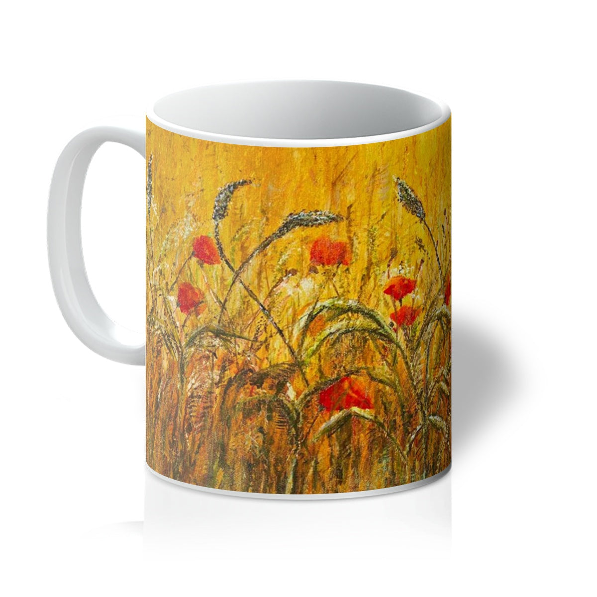 Artistic Coffee Mug Golden Fields & Poppies beautiful gloss finished mug is an artwork featuring an intricate design of a wild field of golden wheat  dried grasses soft red poppies,