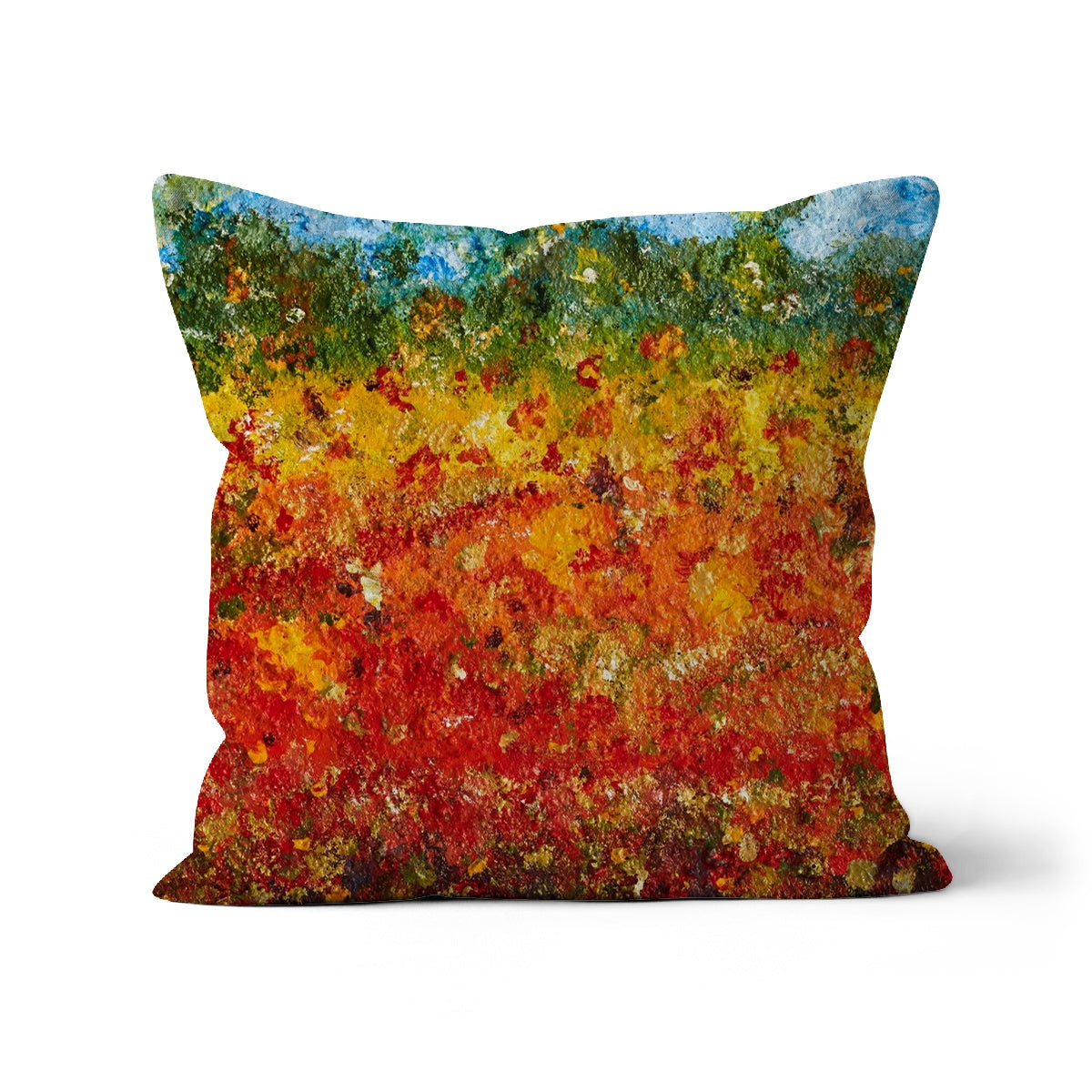 Summer fields Throw Pillow with Art with a fusion of colours of golds reds and other grasses in a wild field, trees in the background with blue sky.  Abstract painting