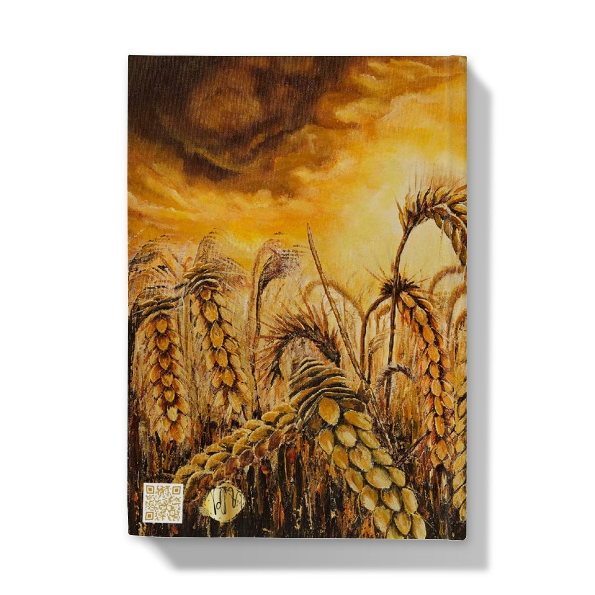 Stormy Wheat Field Hardback Journal with golden colours, auburn caramel heads of wheat & a very brightly light up stormy sky in browns & oranges & white flashes of sunlight