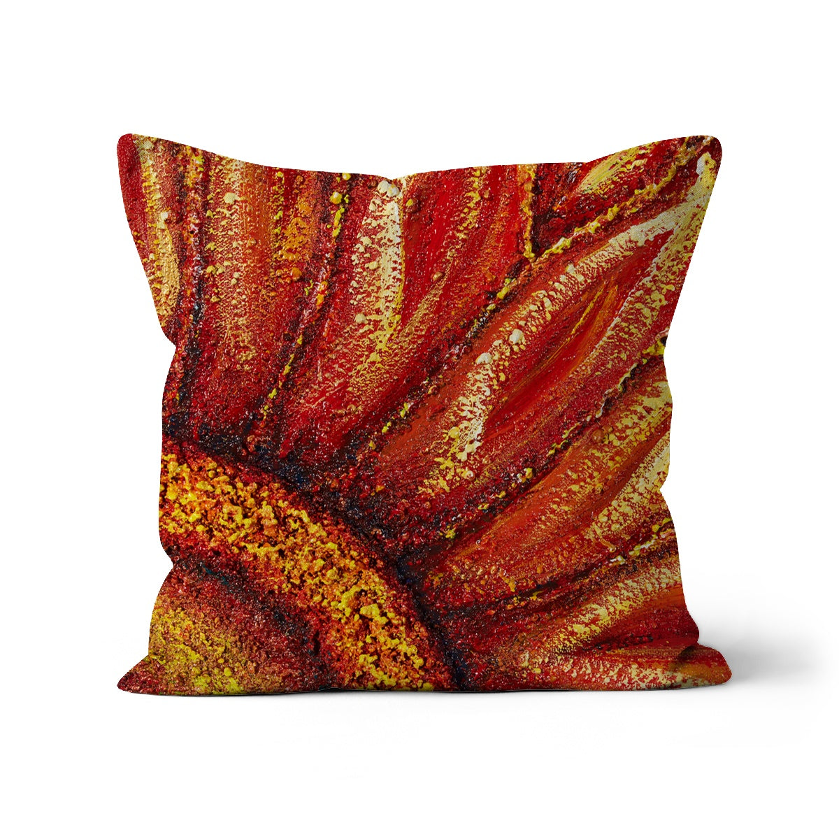 throw pillow with a design of a red sunflower with yellosw & oranges.  Center of flower in one corner with the leaves spreading out .