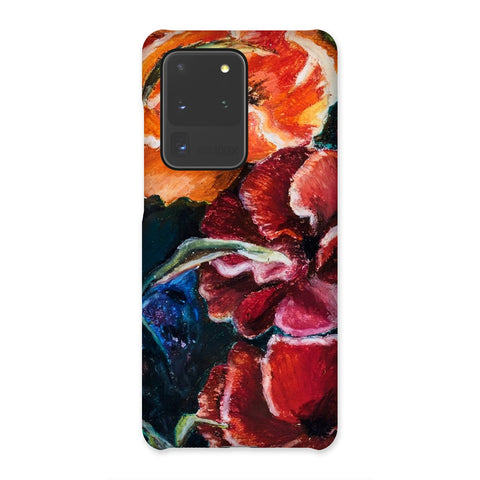 custom artistic snap on phone skin with image of res poppy heads. Colours red, orange and deep blue green leaves.