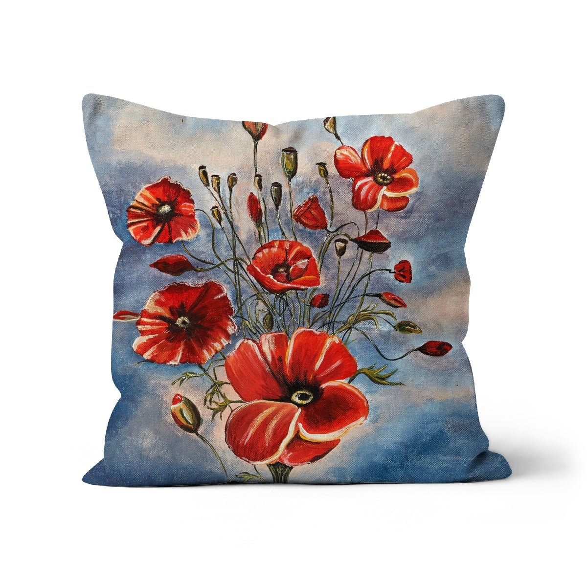 throw pillow with a design of a red bouquet of poppies & slate blue background