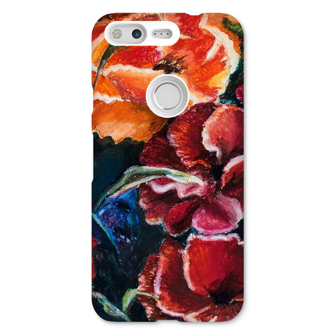 custom artistic snap on phone skin with image of res poppy heads. Colours red, orange and deep blue green leaves.custom artistic snap on phone skin with image of res poppy heads. Colours red, orange and deep blue green leaves.