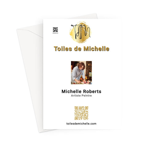 QR code, logo, & a photograph of Michelle Roberts painting