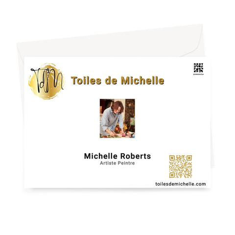 QR code, logo & a photograph of Michelle Roberts painting