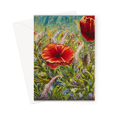 Poppy Love Greeting Card with a beautiful red poppy in a wild field of flowers and delicate colours all around of pinks, yellows, whites etc