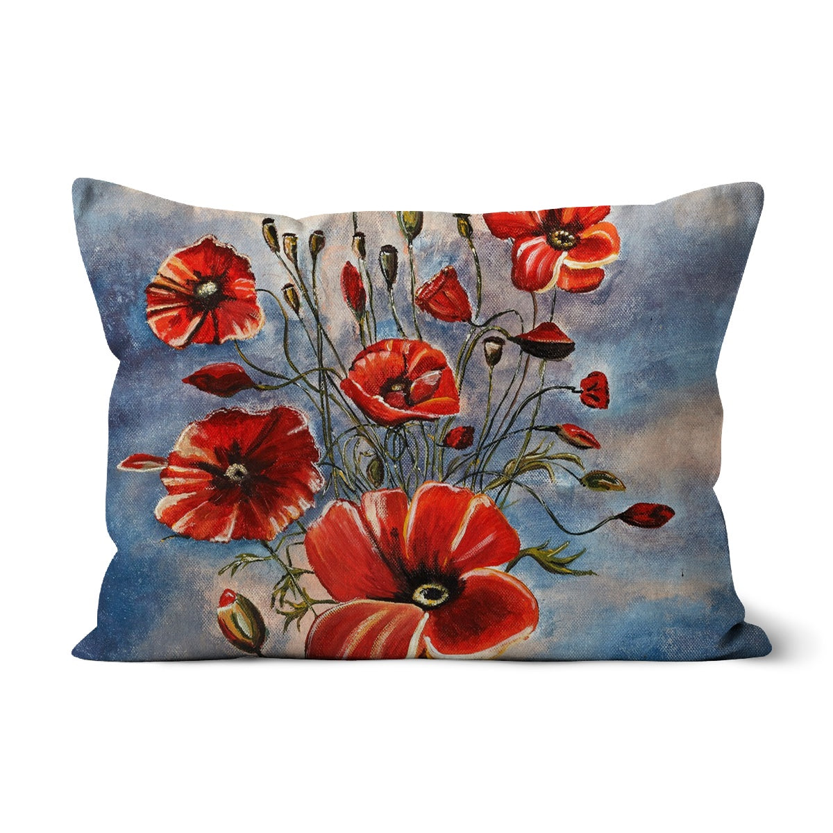 throw pillow with a design of a red bouquet of poppies & slate blue background