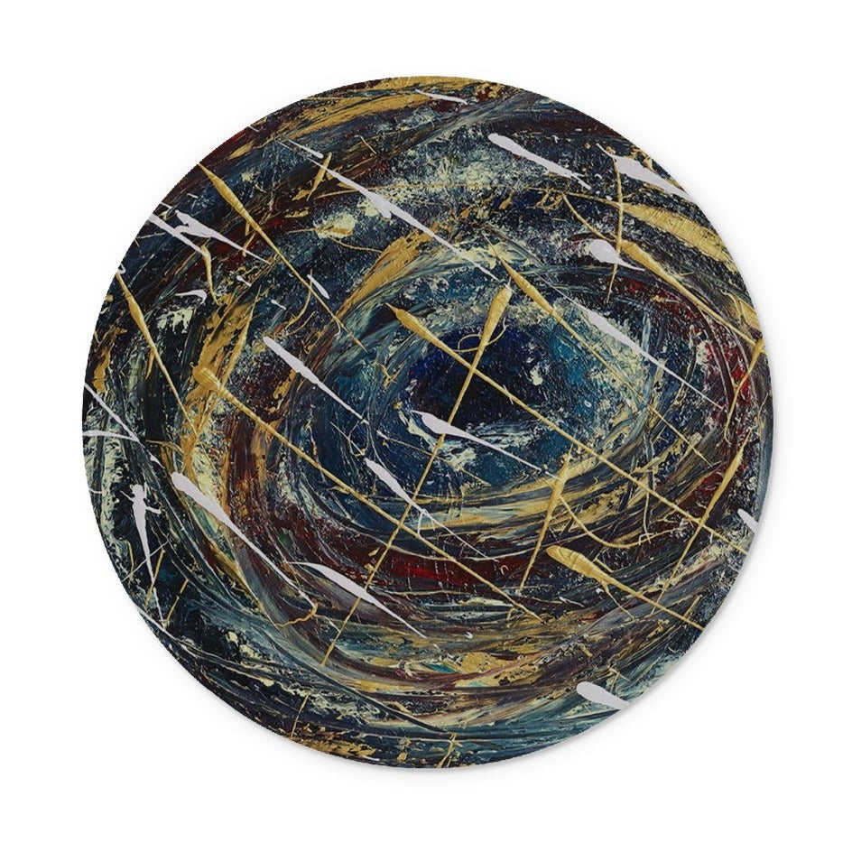 Odyssey glass chopping board is a blast of colour in deep blues swirling around with deep velvet reds, golds and splashes of white.  This image has the look of the  eye of a tornado or an unknown odyssey