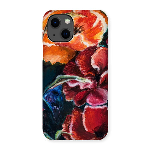 custom artistic snap on phone skin with image of res poppy heads. Colours red, orange and deep blue green leaves.