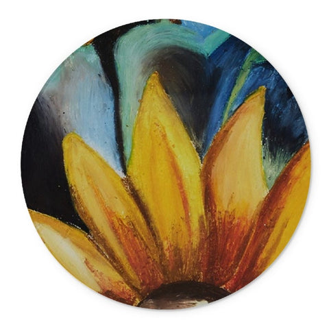 Artistic Glass Cutting Board Abstract Sunflower is a bright yellow sunflower large petals surrounded by blues & turquoise colours