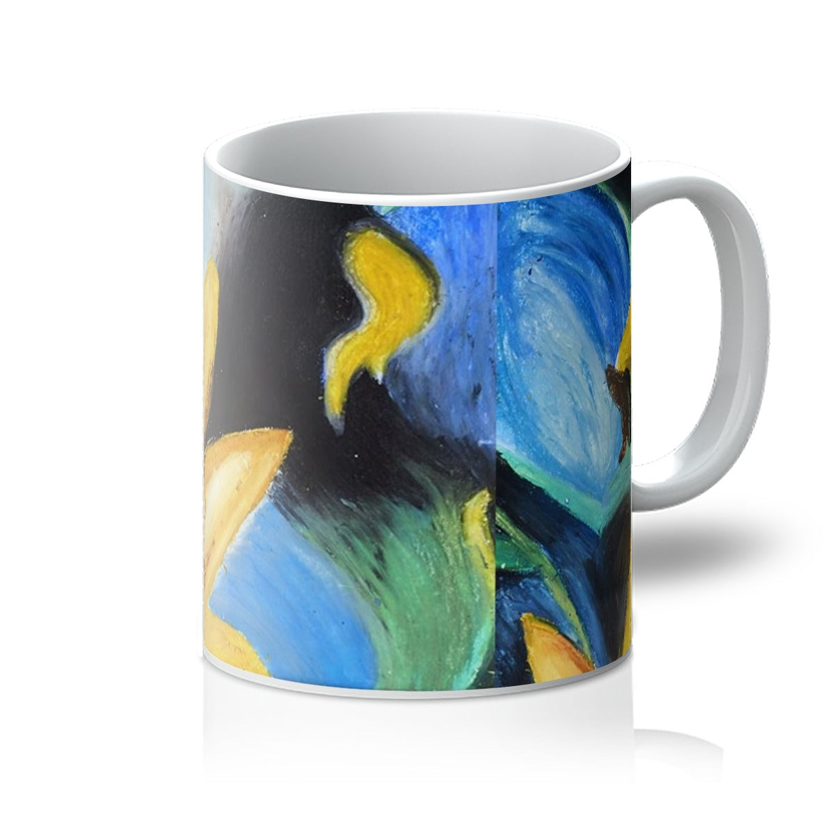 Artistic Coffee Mug Abstract Sunflower with large yellow sunflower & blues & emerald green colours surrounding it.