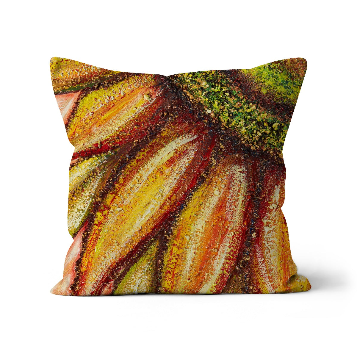 Sunflower Passion Throw Pillow with Art  with the centre of the flower at one corner and its multi colours of natural sun flowers colour spreading across the petals over the rest of the cushion.